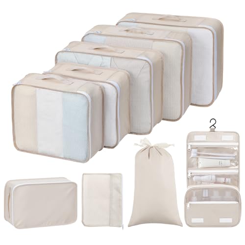 Easortm Packing Cubes for Suitcase, 9 Set, Packing Organizers, Luggage Organizer Travel Cubes With Laundry Bags/Shoe Bag/Toiletry Bag (Beige)