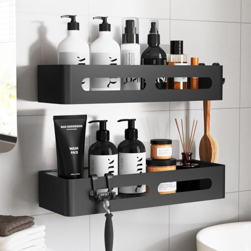 Sakugi Shower Caddy - Large Adhesive Shower Organizer, Rustproof Shower Shelves for inside Shower, Stainless Steel Shower Rack for Bathroom, Apartment Essentials, No Drill, Black, 2 Pack