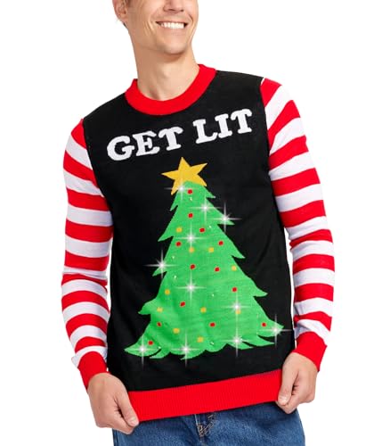 Tipsy Elves Men's Light Up Christmas Sweater - Black Lit Funny Ugly Christmas Sweater Size Medium