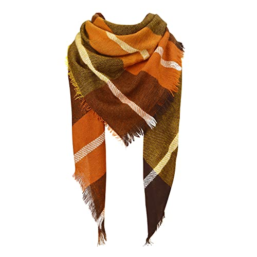 Tartan Scarf for Women Plaid Winter Scarf Cozy Blanket Triangle Scarves Shawl Wraps Brown & Orange
