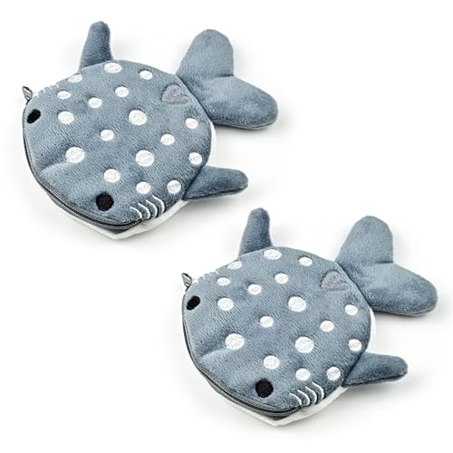 WisePoint Shark-Shape Coin Purse, 2PCS Plush Coin Pouch Cute Coin Holder for Women, Portable Small Change Purse with Embroidery and Zipper for Shopping, Traveling, Dating (gray)