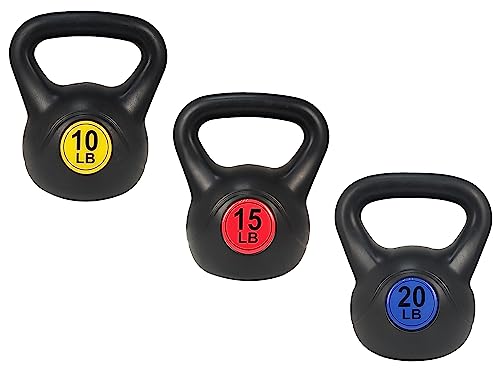 Signature Fitness ​Wide Grip 3-Piece Kettlebell Exercise Fitness Weight Set, Include 10 lbs, 15 lbs​ and ​20 lbs