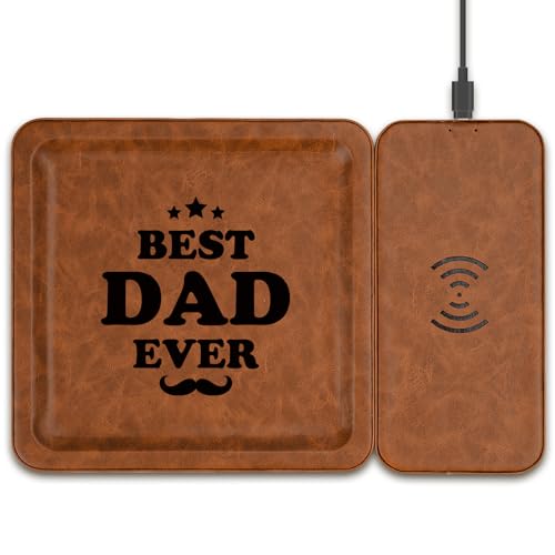 Funistree PU Leather Wireless Charging Station and Valet Tray Keychain Best Dad Ever, Gifts for Dad from Daughter Son, Men Gift for Father, Unique Dad Birthday Gifts Husband Presents from Wife
