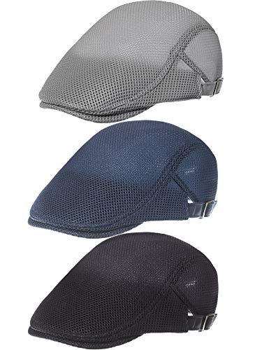 3 Pieces Newsboy Cap Mesh Breathable Summer Adjustable Cabbie Flat Beret (Light Gray, Navy Blue, Black)