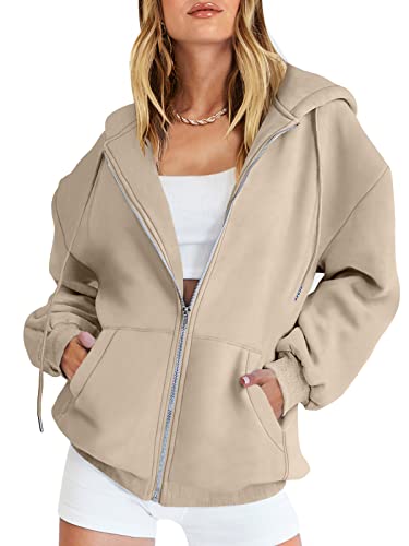 ANRABESS Women's Hoodies 2023 Fall Jacket Hooded Sweater Long Sleeve Sweatshirts Casual Tops Zip Up Trendy Clothes Teen Girl Y2K A989zongse-S Khaki