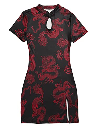 SOLY HUX Women's Chinese Cheongsam Dragon Print Qipao Mini Bodycon Dress Black Red S
