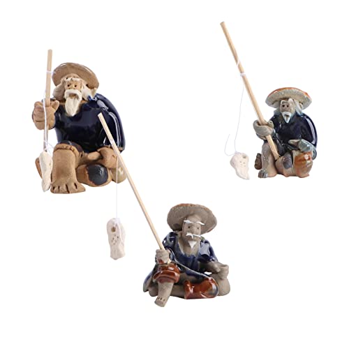 DOITOOL 3Pcs Mini Fisherman Figurines Ceramics Chinese Mudman Sitting Fishing Garden Statue Ornament for Fish Tank Micro Landscape Bonsai Fairy Garden Decorations (3Pcs)