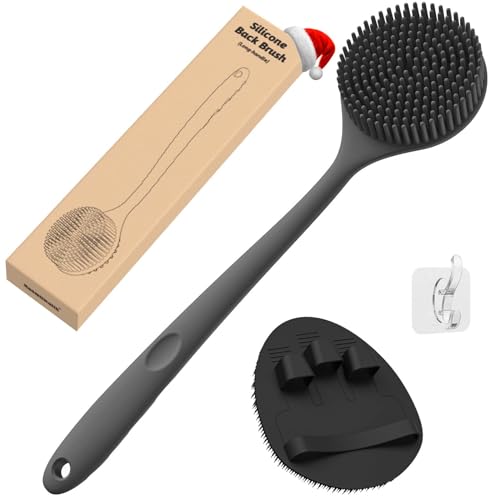 Manmihealth Silicone Back Scrubber(Thick Bristles) & Soft Bath Glove Set, Super-Exfoliating Body Scrubber & Super-Lathering Shower Brush Combination, with a Free Hook.(Black)