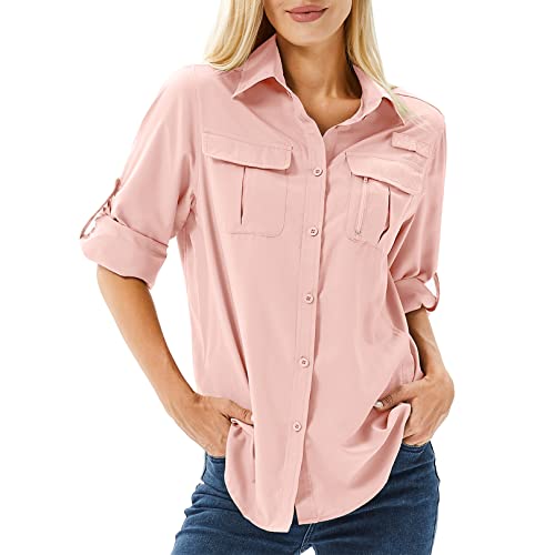 Toumett Women's UPF 50 Long Sleeve UV Sun Protection Safari Shirts Outdoor Quick Dry Fishing Hiking Travel Shirts(5071,Pink,S)