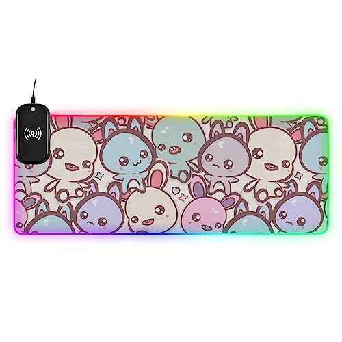 Kawaii Bunnies Cats Colorful Wireless Charging Mouse Pad for Mobile Phone Extra Large Gaming Mousepad with 13 Lighting Modes Mouse Mat for Office Home Gaming MacBook PC Laptop Desk