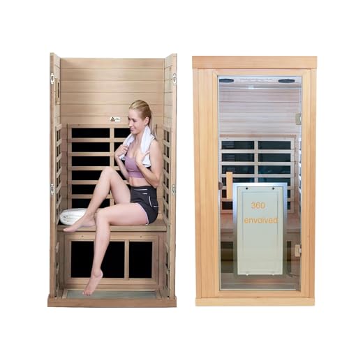 Xmatch Far Infrared Wooden Sauna Room, 1-Person Size, with 1350W, 8 Low EMF Heaters, 10 Minutes Pre-Warm up, Time and Temp Pre-Set, 2 Bluetooth Speakers, 1 LED Reading Lamp and Clothing Hanging Rod