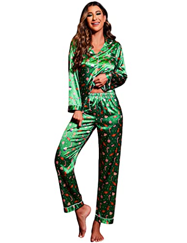 Ekouaer Christmas Silk Pajamas For Women Long Sleeve Pj Set Festival Party Sleepwear(Green Chirstmas Pattern,Large)