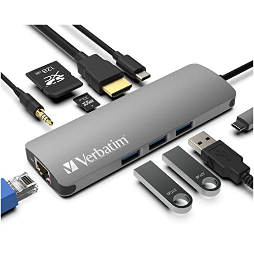 Verbatim 9-in-1 USB C Hub Adapter - 100W Power Delivery, USB 3.0, SD Card Readers, Gigabit LAN, 3.5mm Port for USB C Laptops