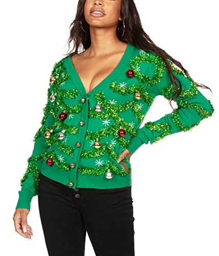 Tipsy Elves Women's Gaudy Garland Cardigan - Tacky Christmas Sweater with Ornaments: Medium
