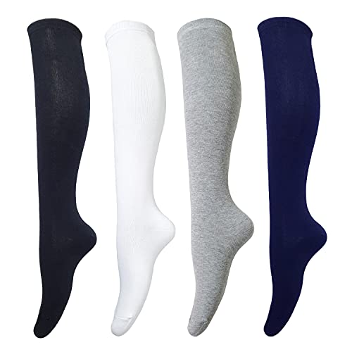 Tom & Mary Women's Cotton Knee High Socks - Casual Solid Colors Fashion Socks 4 Pairs (Women’s Shoe Size 5-9)