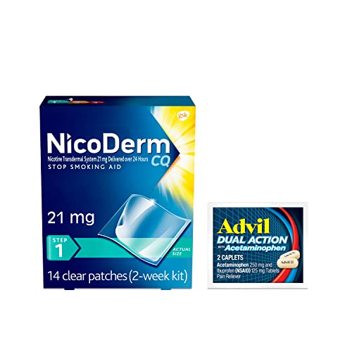 NicoDerm CQ Step 1 Nicotine Patches to Quit Smoking - 21 mg, Stop Smoking Aid, 14 Count (2-Week Kit) Plus Advil Dual Action Coated Caplets with Acetaminophen, 2 Count