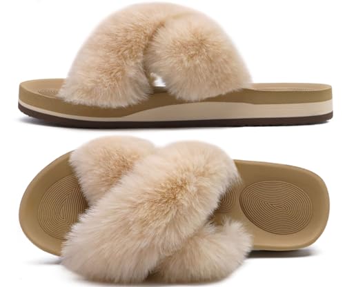 COFACE Womens Fuzzy Slides Fluff Fax Fur Cross Slippers Open Toe Yoga Mat House Slippers Sandals With Arch Support For Indoor/Outdoor