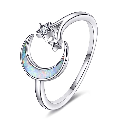 AINFQY Moon Star Ring for Women 925 Sterling Silver Opal Crescent Adjustable Open Ring Celestial Jewelry for Girls (white opal moon)