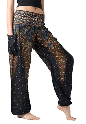 B BANGKOK PANTS Harem Pants Women Boho Clothes with Pockets (Black Peacock, One Size)