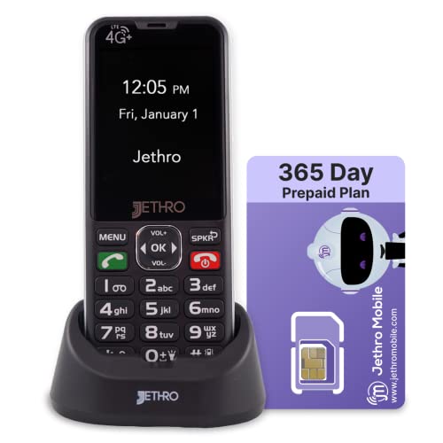 Jethro SC490 4G Unlocked Senior Cell Phone/Plan 1-Year Unlimited Talk & Text, SIM Card Included, Easy-to-Use for Elders and Kids, Big Screen and Buttons, FCC Certified