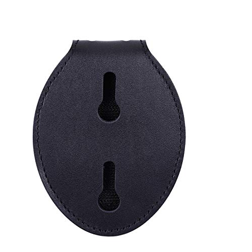 Wisdompro Police Badge Holder, Cowhide Leather Universal Police Badge Holder Pocket Case with Stationary Mn-Steel Belt Clip, Hook and Loop Closure and Stainless Bead Chain Necklace- Oval Shape