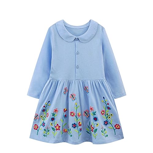HILEELANG Little Girl Long Sleeve Dress Peter Pan Doll Collar Blue Flower Embroidery Warm Playwear Shirt Jersey Dresses 6 Years