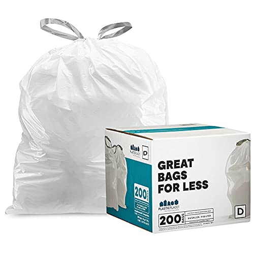 Plasticplace Custom Fit Trash Bags │ simplehuman (x) Code D Compatible (200 Count) │ White Drawstring Garbage Liners 5.3 Gallon / 20 Liter │ 15.75' x 28'