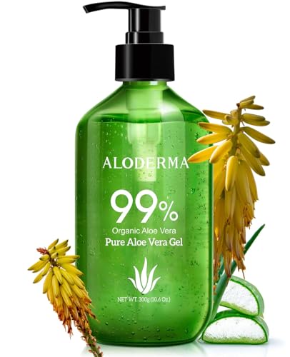 Aloderma 99% Organic Aloe Vera Gel Made within 12 Hours of Harvest - Lightweight, Non-Sticky Aloe Gel for Face and Body, Sunburn Relief, Natural, Soothing Hydrating Aloe Vera for Scalp & Hair, 10.6oz