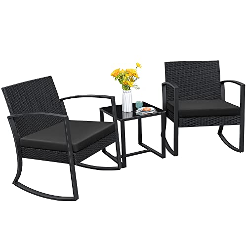Homall 3 Pieces Patio Set Rocking Bistro Set, Patio Outdoor Furniture Porch Chairs with Cushions and Table for Poolside, Balcony, Porch and Yard (Black)