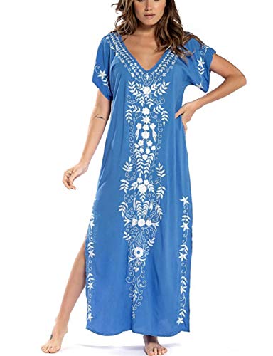 Bsubseach V Neck Caftan Swimsuit Cover Up for Women Short Sleeve Beach Swimwear Turkish Kaftan Blue