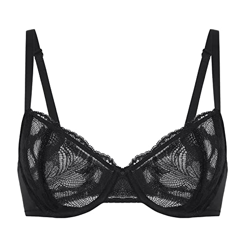 DELIMIRA Women's Balconette Bra Push Up Plus Size Lace Sexy See Through Unlined Underwire Bras Black 38F