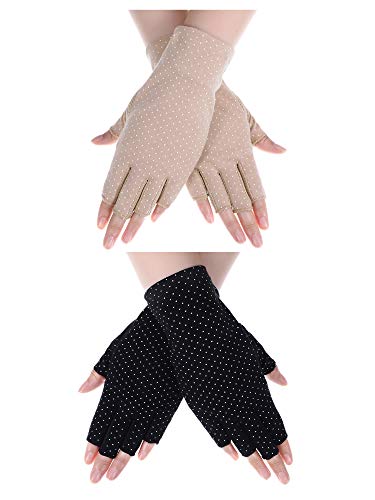Boao 2 Pieces Women Sunscreen Fingerless Gloves UV Protection Half Finger Sunblock Gloves for Driving Riding Fishing Golfing Outdoor Activities (Black, Khaki Dot)