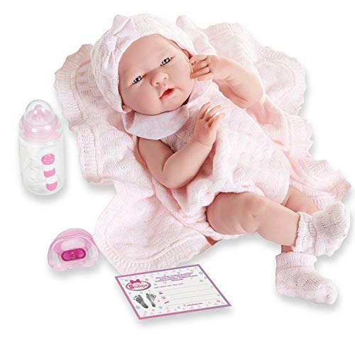 Real Girl Baby Doll 15' | Anatomically Correct | JC Toys - La Newborn | Made in Spain | Pink Knit Outfit & Accessories | Ages 2+