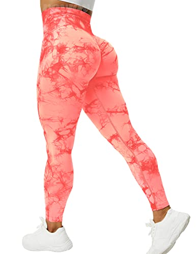 VOYJOY Tie-Dye Leggings for Women High Waisted Yoga Pants, Seamless Leggings Smile Contour High Waist Yoga Pants (#1 Orange Red, Medium)