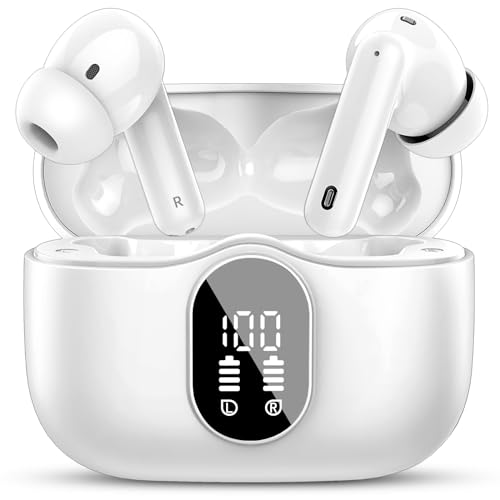 Btootos Wireless Earbuds Bluetooth 5.3 Headphones Bass Stereo Ear Buds with Noise Cancelling Mic LED Display in Ear Earphones IP7 Waterproof 36H Playtime for Laptop Pad Phones Sports Workout White