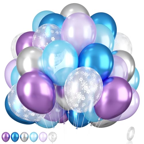 Frozen Balloons, 12 Inch Purple Blue White and Silver Balloons with Snowflake Balloons for Girls Frozen Theme Party Supplies Ice Snow Theme Birthday Baby Shower Winter Party Decorations