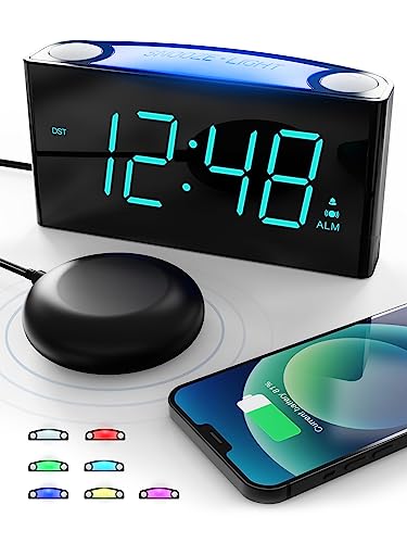 ROCAM Extra Loud Alarm Clock with Bed Shaker, Vibrating Alarm Clock for Heavy Sleepers Deaf Hearing Impaired, 7' Large Display, Dual USB Charger, 7 Color Night Light, Dimmer, Snooze & Battery Backup
