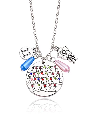 Abitoncc Stranger Charm Stainless Steel Necklace Alphabet Eleven Light Bulb Demogorgon Necklaces Halloween Cosplay Jewelry Collection Gift for Fans Kids Girls