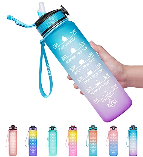 Giotto 32oz Large Leakproof BPA Free Drinking Water Bottle with Time Marker & Straw to Ensure You Drink Enough Water Throughout The Day for Fitness and Outdoor Enthusiasts-Ombre Blue Purple