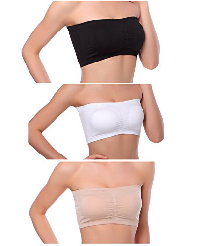 Venbond 3Pack Women's Seamless Bandeau Crop Tube Top Bra Strapless Padded Brarette (M, Assorted 3 Colors)