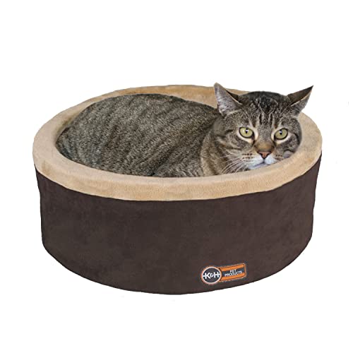 K&H Pet Products Heated Cat Bed Thermo-Kitty Bed, Heated Pet Bed for Indoor Cats and Small Dogs, Electric Thermal Plush Warming Pet Bed, Calming Cat Heating Bed, Large 20 Inches Round Mocha/Tan