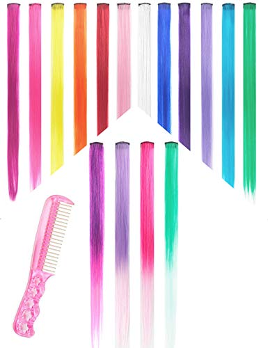 Hair Extensions Pack of 16 Pieces 1 Steel Comb for Free Clip in Hair Extensions Highlights Straight Long Hairpiece Hair Accessories for Girls Women Kids Doll Hair Pieces Colored Wigs Pieces 22 Inches