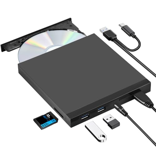 ROOFULL External CD DVD +/-RW Drive, CD/DVD-ROM Player Burner with USB Ports and SD Card Reader, Portable USB 3.0 CD/DVD Optical Disk Drive External for Windows 11/10/8/7, Mac, Linux Laptop Desktop PC