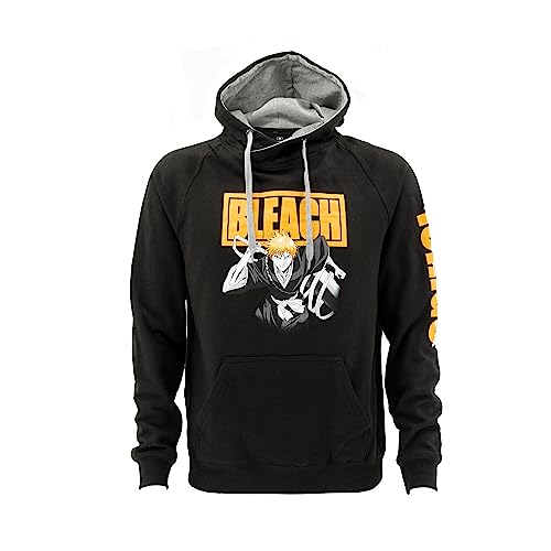 Ripple Junction Bleach Ichigo Portrait and Orange Logo Adult Anime Popover Hoodie Officially Licensed Large Black Grey