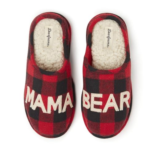 Dearfoams Women's Gifts for Mom Cute Cozy Mothers Day Mama Bear Slipper, Buffalo Plaid, 7-8