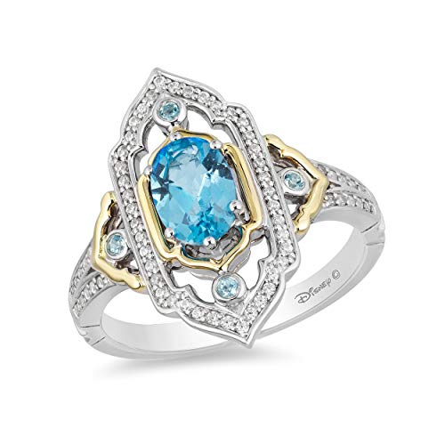 Jewelili Enchanted Disney Fine Jewelry Sterling Silver and 10K Yellow Gold 1/5 Cttw Diamond and Swiss Blue Topaz Jasmine Ring Size 7