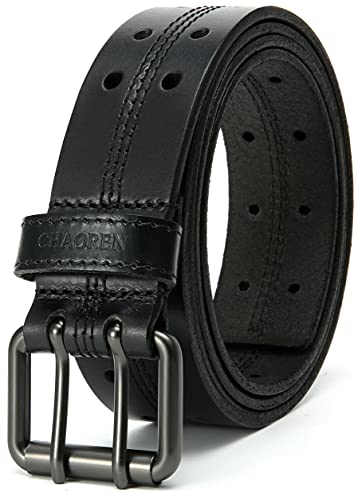 CHAOREN Black Leather Belt - 38mm Double Prong, Handmade and Durable