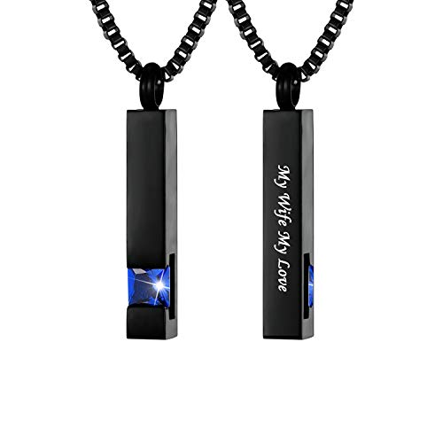 Black Square Bar With Dark Blue Zircon Cremation Urn Necklace for Ashes Memorial Pendant stainless steel Jewelry(Wife)
