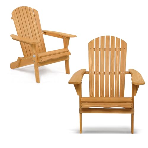 VINGLI Wooden Folding Adirondack Chairs Set of 2 for Outdoor, All Weather Foldable Fir Pit Chairs Clearance Patio Lounge Chairs for Lawn Garden Poolside, Capacity 350LBS