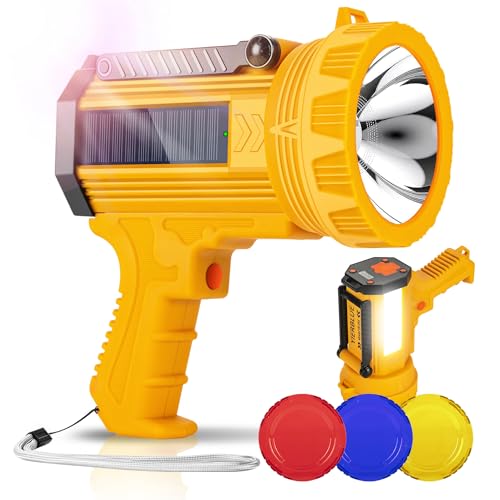 YIERBLUE Solar & Rechargeable Spotlight Flashlight, 1000,000 High Lumen Outdoor Handheld Spot Lights with Flood Light Searchlight, Foldable Stand and 3 Colors Lenses for Boating Hunting and Camping